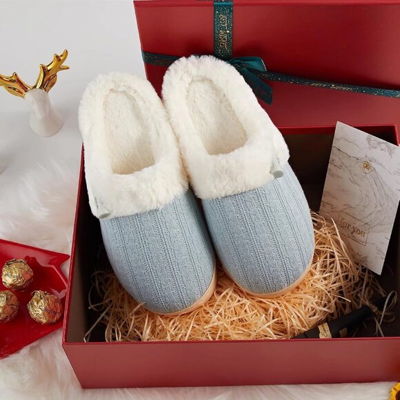 Women's Light Blue Scuff Faux Fur Lining Memory Warm Foam Plush Slippers Shoes - Picture 7 of 9